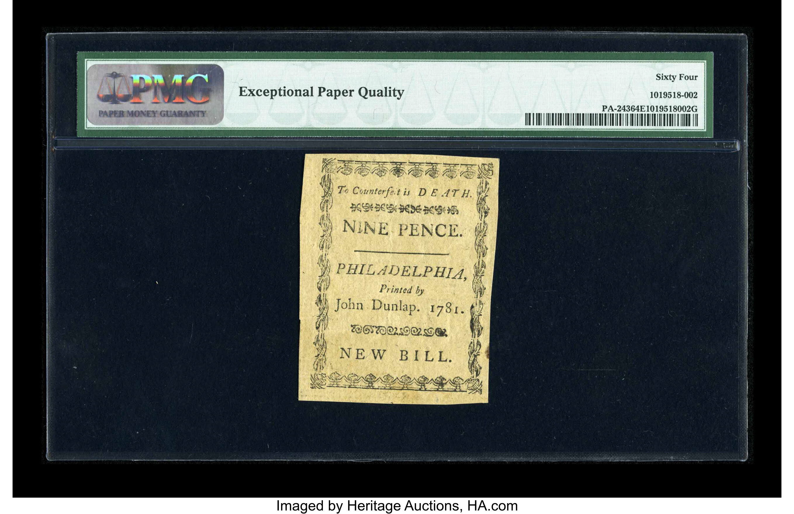 image for: Pennsylvania April 20, 1781 9d PMG Choice Uncirculated 64 EPQ.