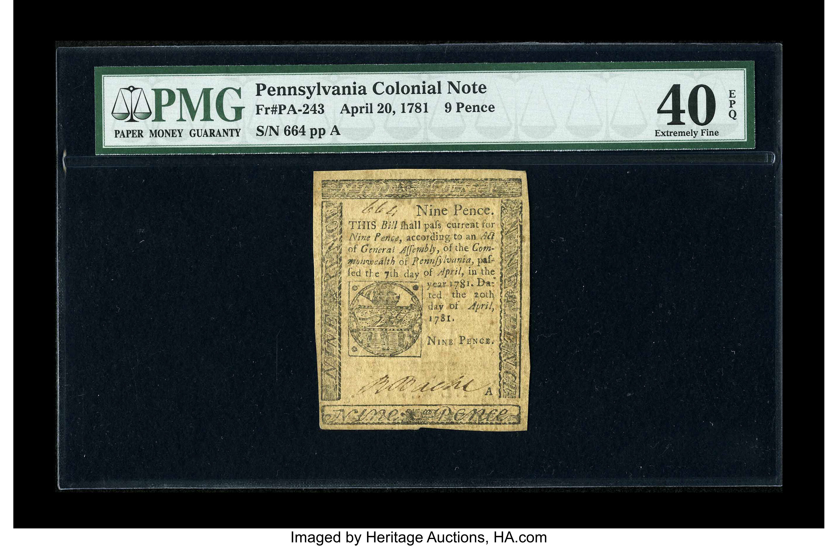 image for: Pennsylvania April 20, 1781 9d PMG Extremely Fine 40 EPQ.