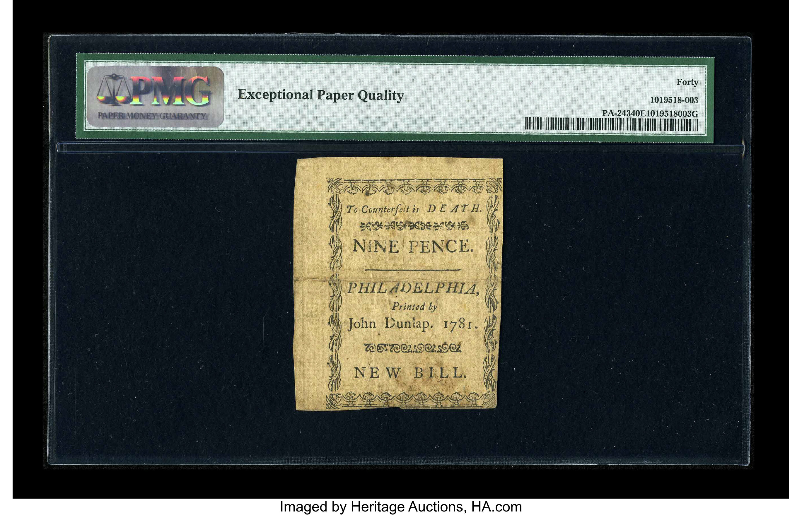 image for: Pennsylvania April 20, 1781 9d PMG Extremely Fine 40 EPQ.