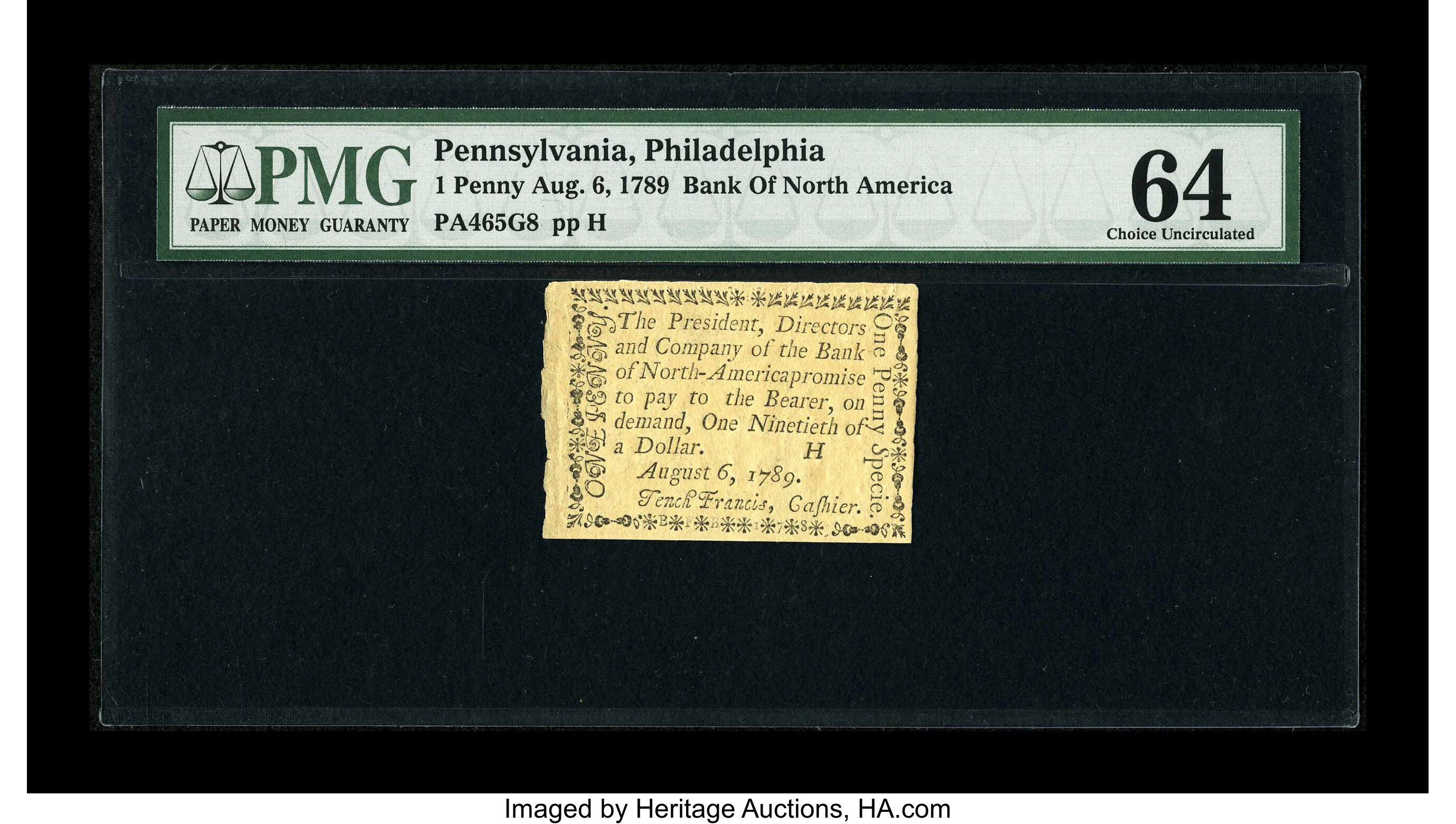 image for: Pennsylvania Bank of North America August 6, 1789 1d PMG Choice Uncirculated 64....