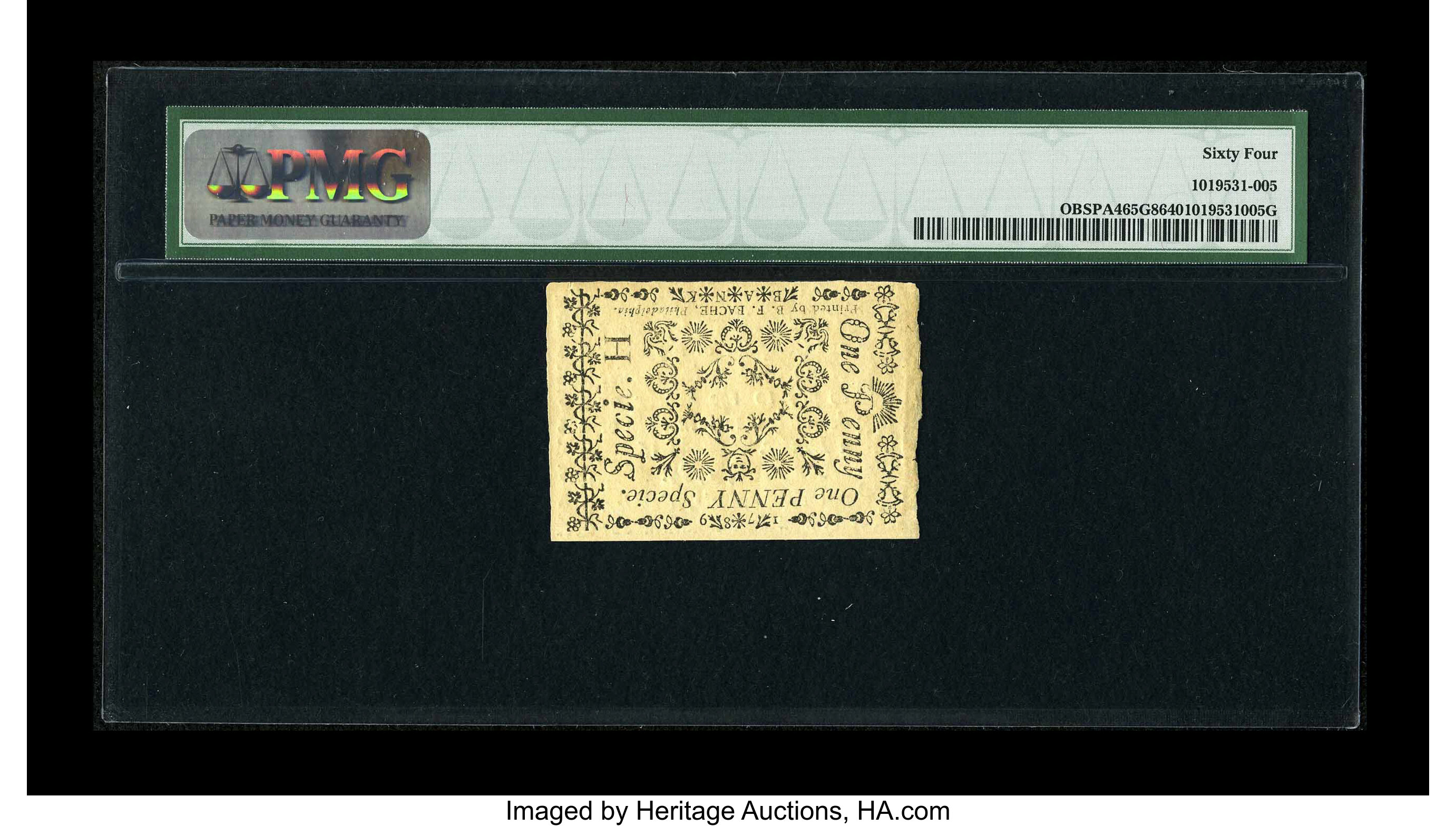 image for: Pennsylvania Bank of North America August 6, 1789 1d PMG Choice Uncirculated 64....