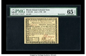 image for: Rhode Island July 2, 1780 $20 PMG Gem Uncirculated 65 EPQ....