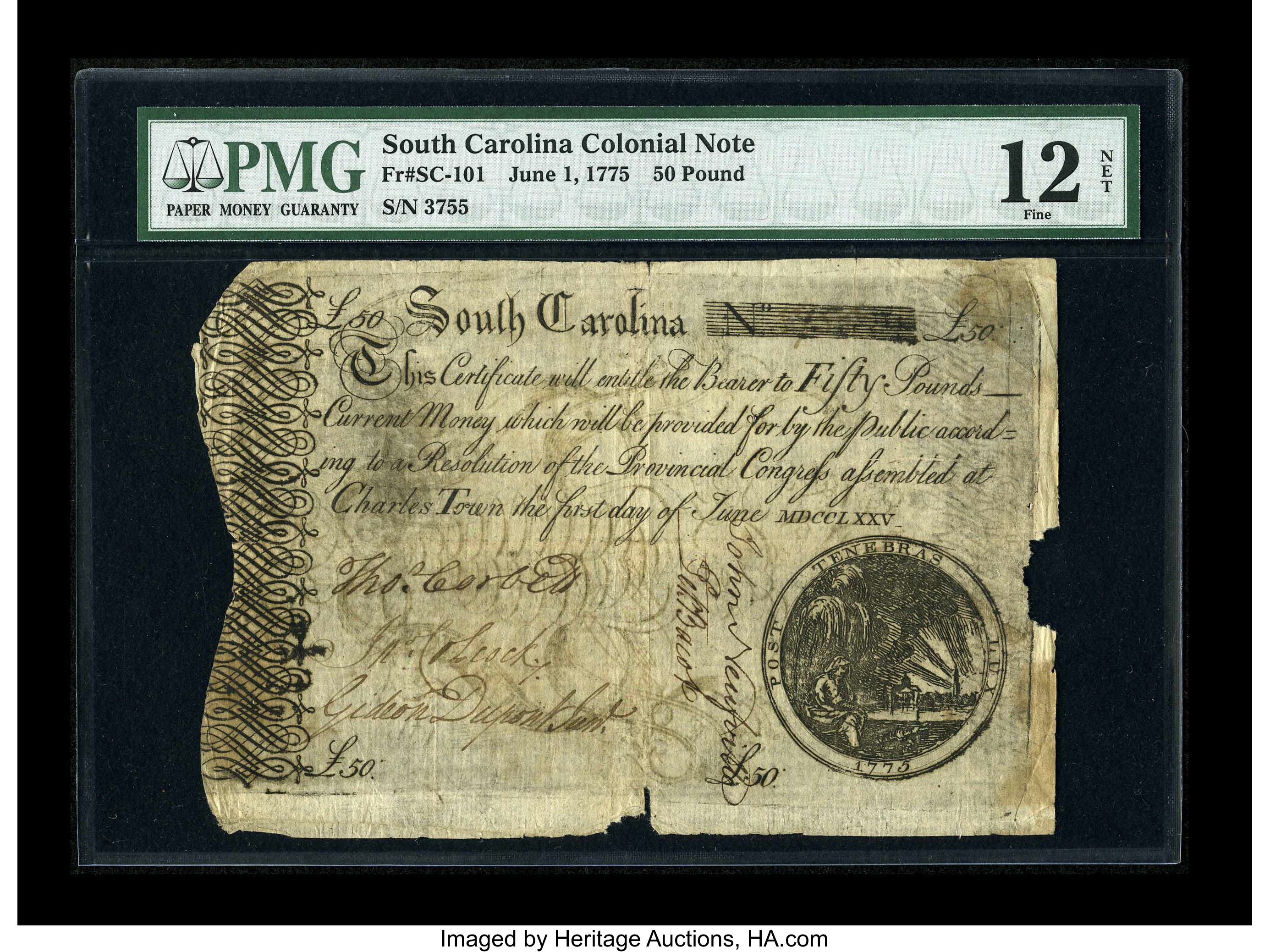 image for: South Carolina June 1, 1775 £50 PMG Fine Net 12....