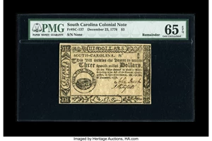 image for: South Carolina December 23, 1776 $3 Remainder PMG Gem Uncirculated 65 EPQ....