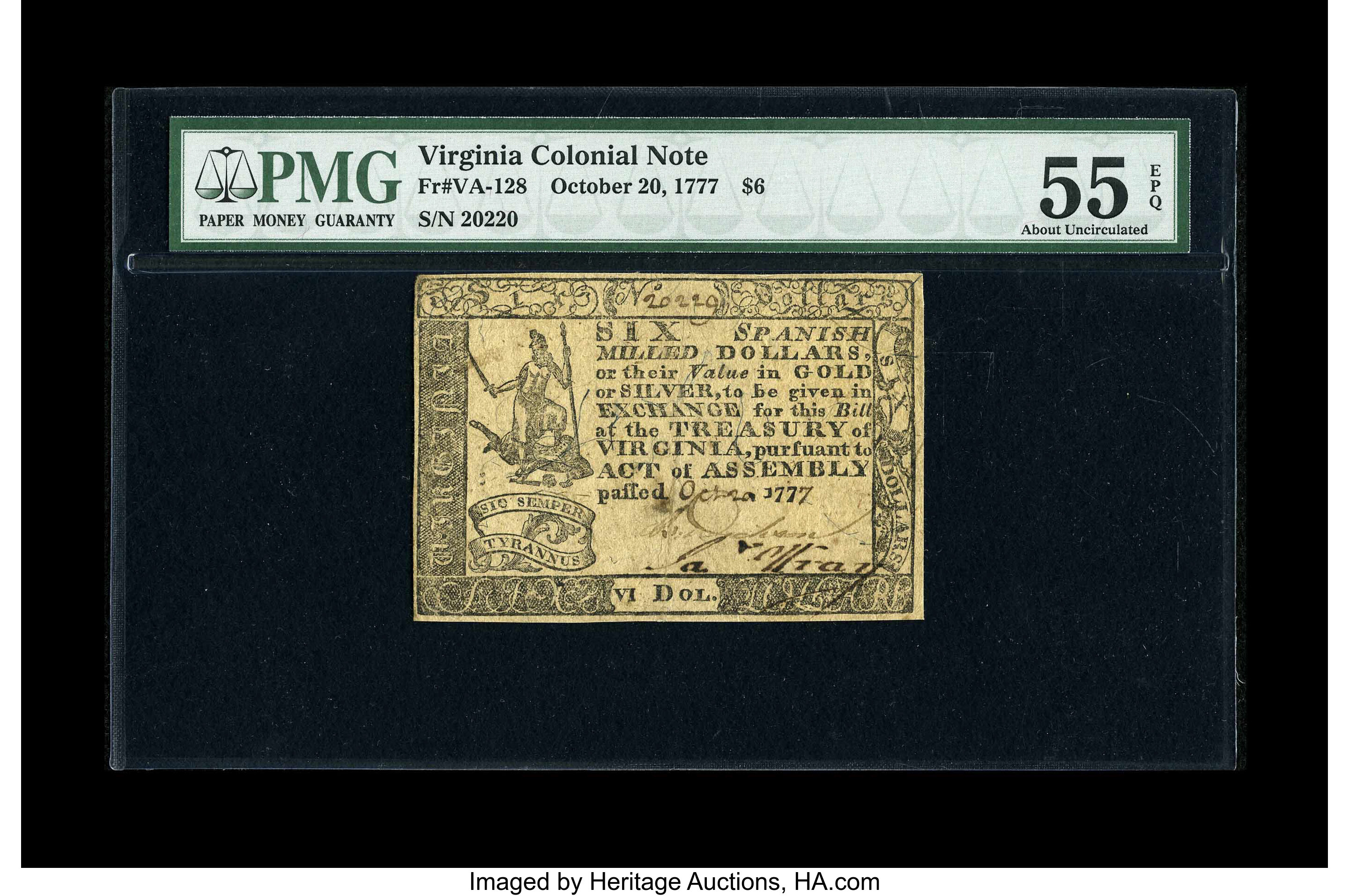 image for: Virginia October 20, 1777 $6 PMG About Uncirculated 55 EPQ....