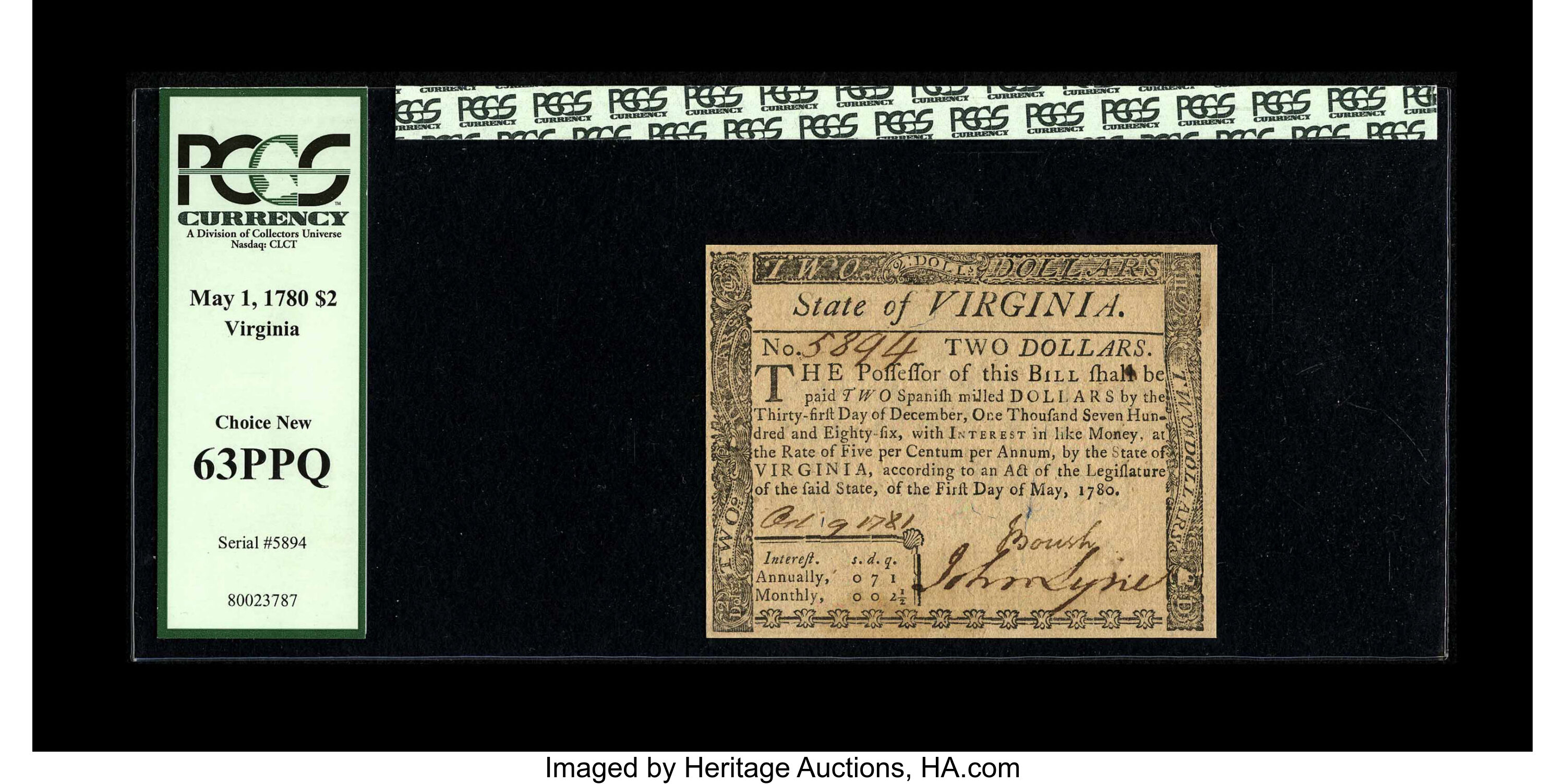 image for: Virginia May 1, 1780 $2 PCGS Choice New 63PPQ....