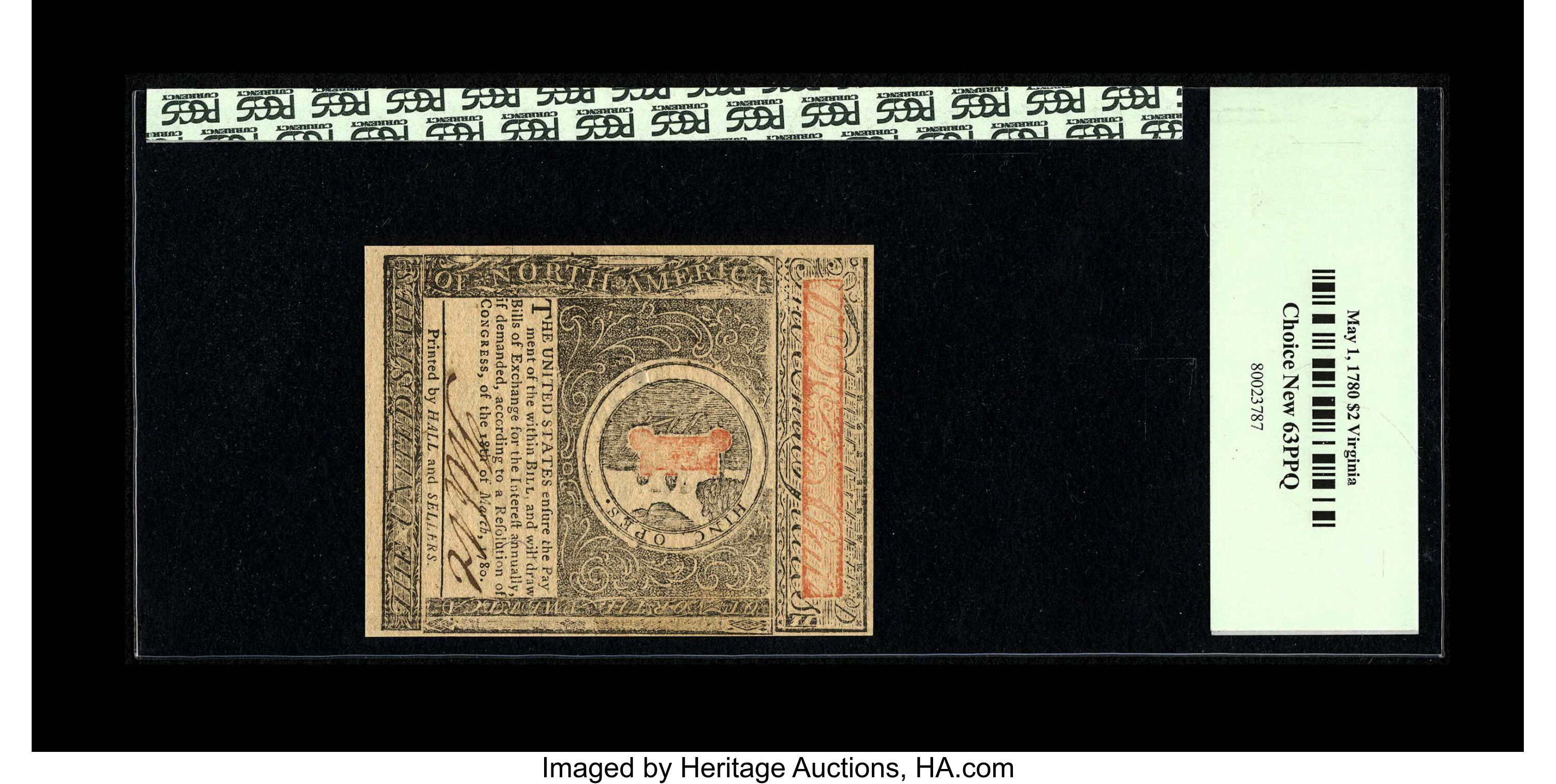 image for: Virginia May 1, 1780 $2 PCGS Choice New 63PPQ....