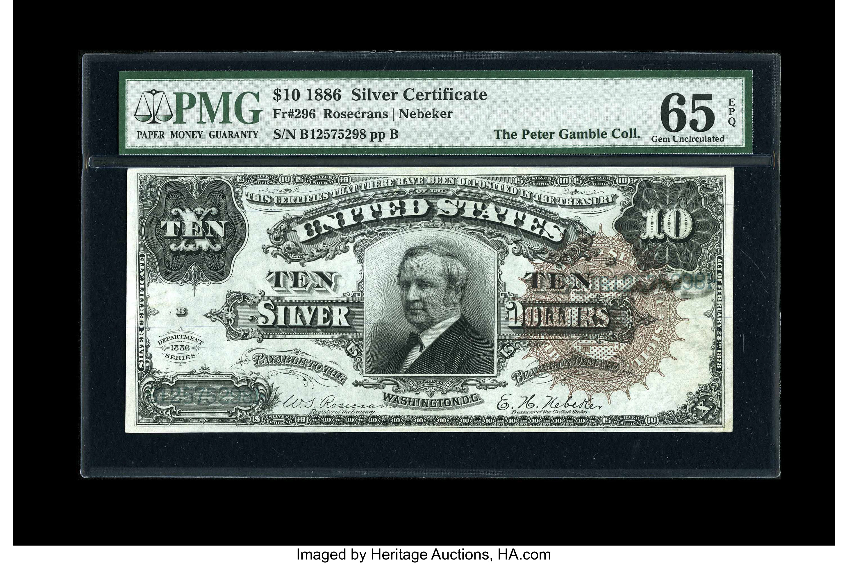 image for: Fr. 296 $10 1886 Silver Certificate PMG Gem Uncirculated 65 EPQ....
