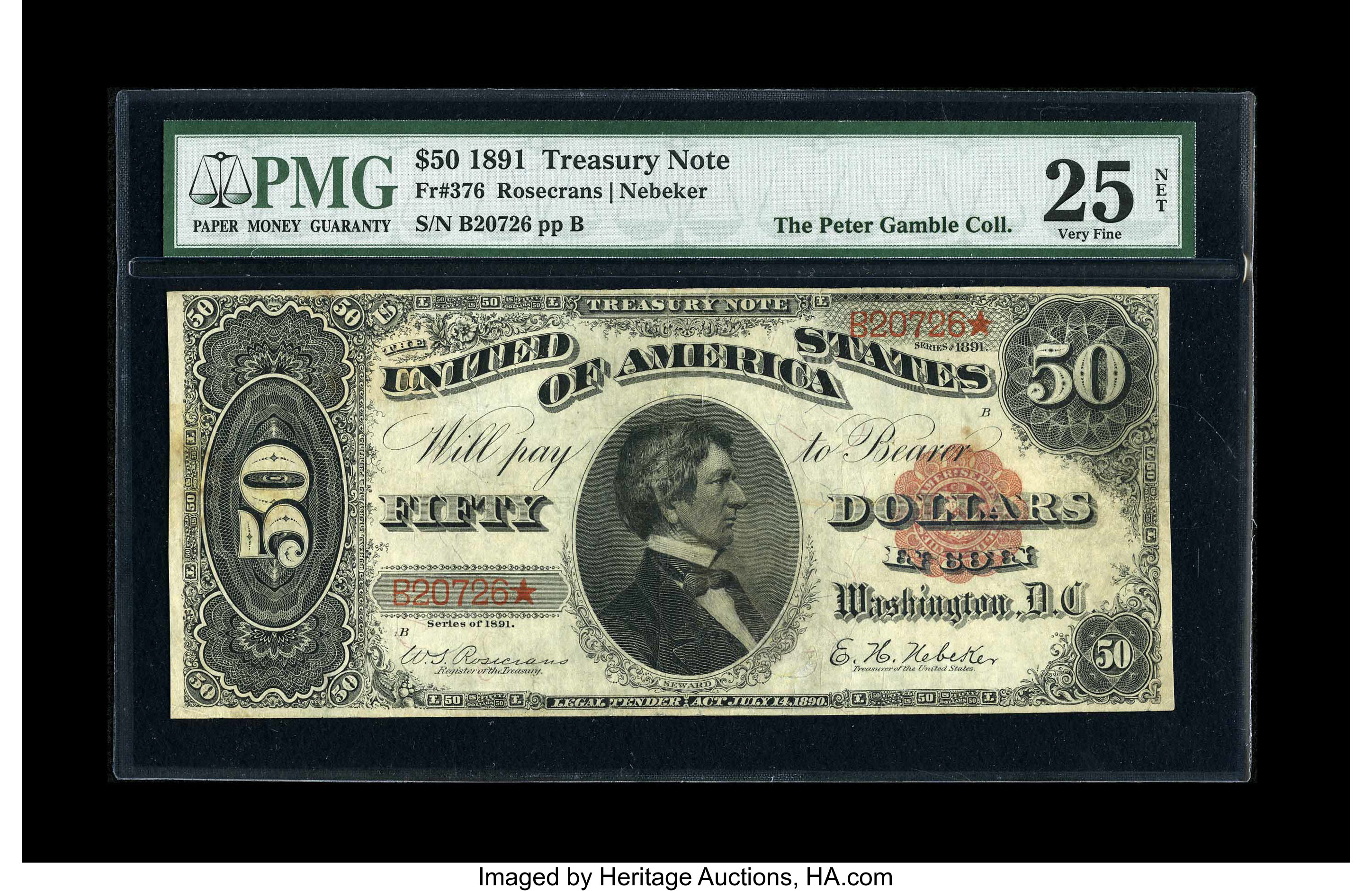 image for: Fr. 376 $50 1891 Treasury Note PMG Very Fine 25, Net....