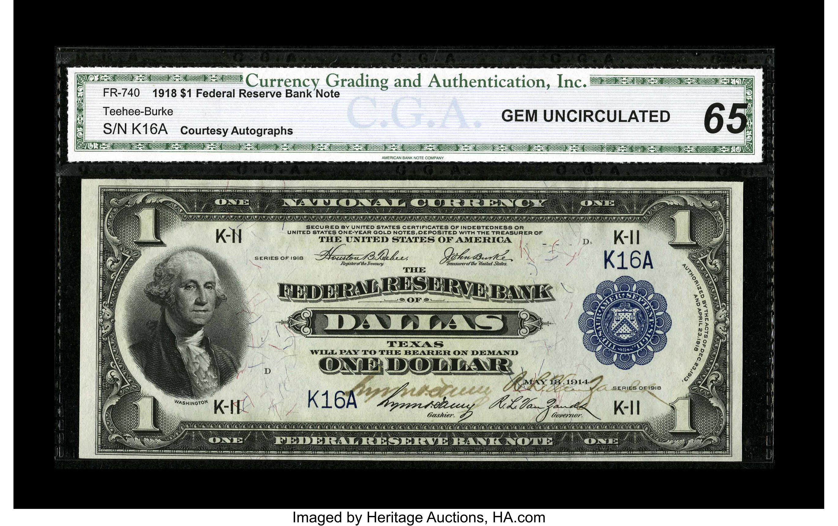 image for: Dual Courtesy Autographed Fr. 740 $1 1918 Federal Reserve Bank Note CGA Gem Uncirculated 65....