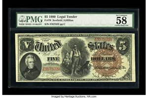 image for: Fr. 70 $5 1880 Legal Tender PMG Choice About Unc 58.