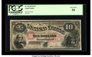 image for: Fr. 98 $10 1875 Legal Tender PCGS Very Good 10....