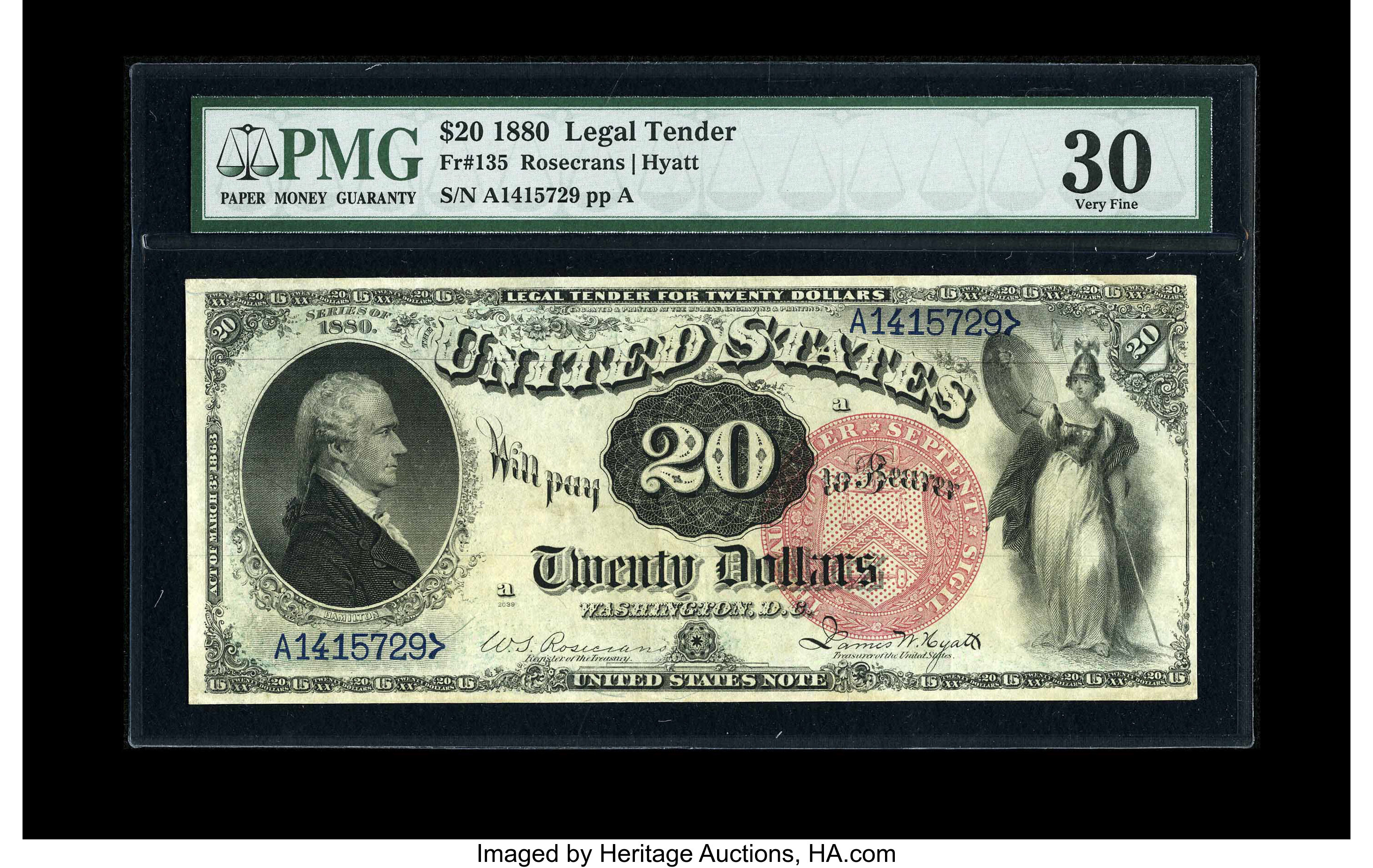image for: Fr. 135 $20 1880 Legal Tender PMG Very Fine 30....