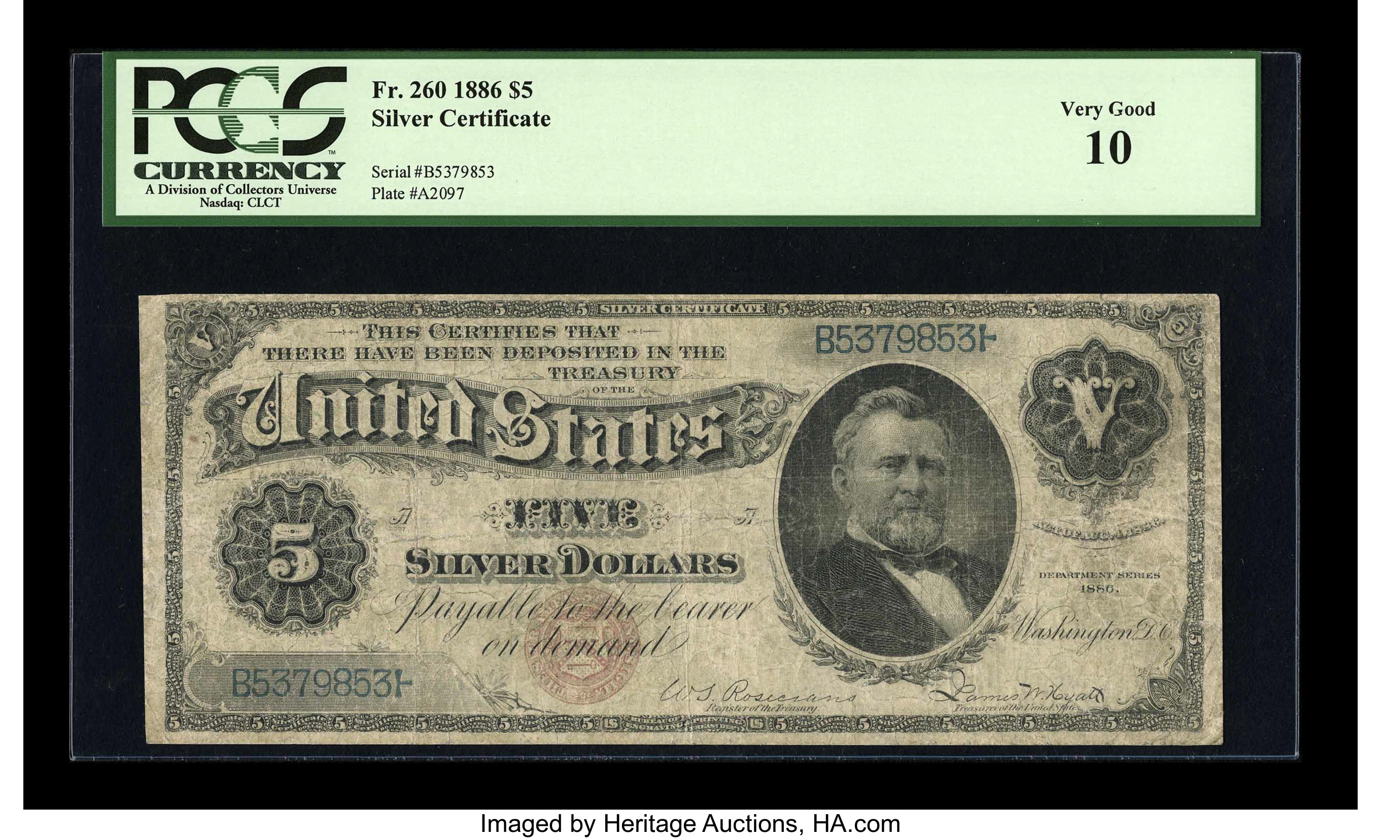 image for: Fr. 260 $5 1886 Silver Certificate PCGS Very Good 10....