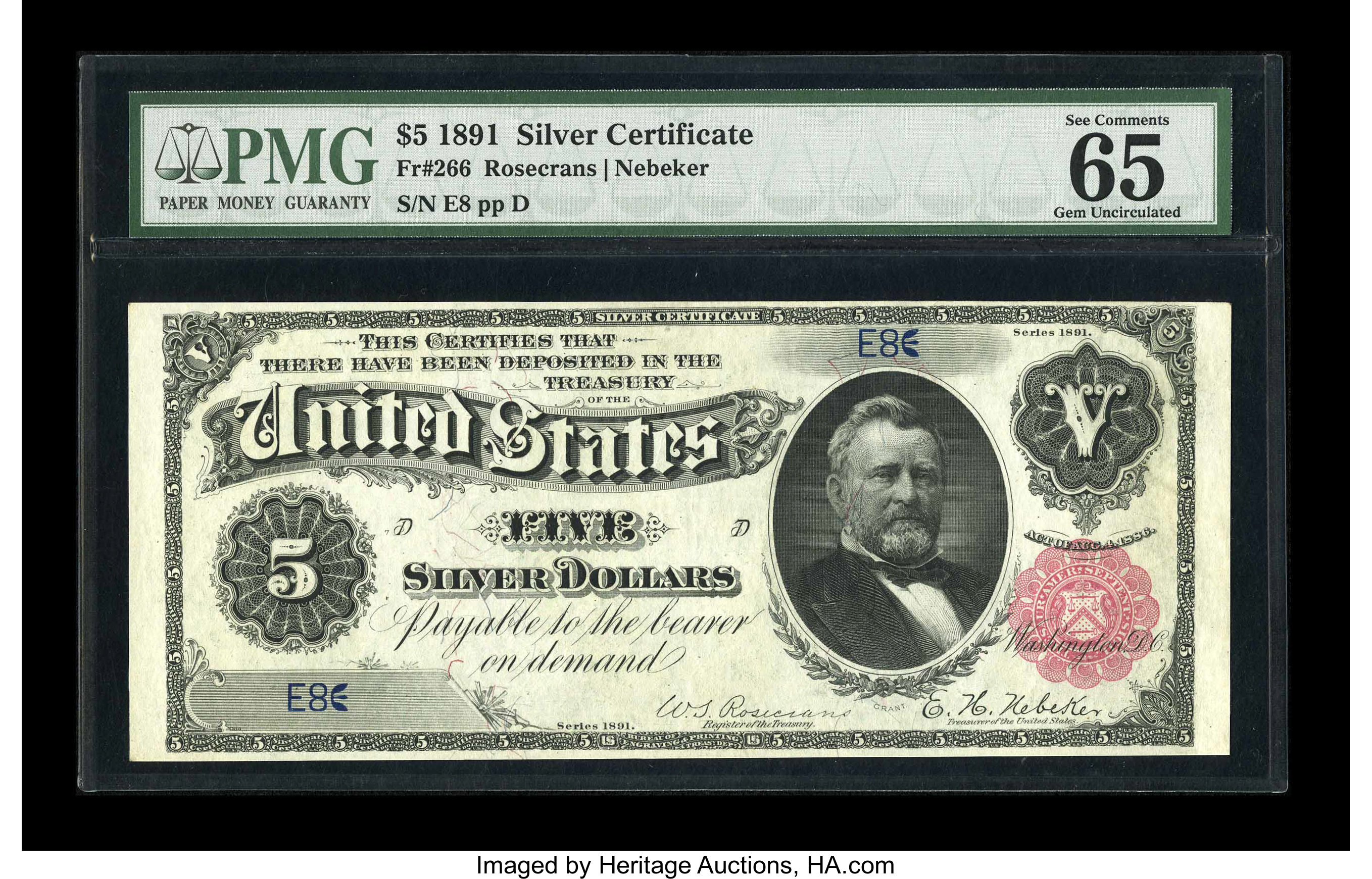 image for: Fr. 266 $5 1891 Silver Certificate PMG Gem Uncirculated 65 EPQ....