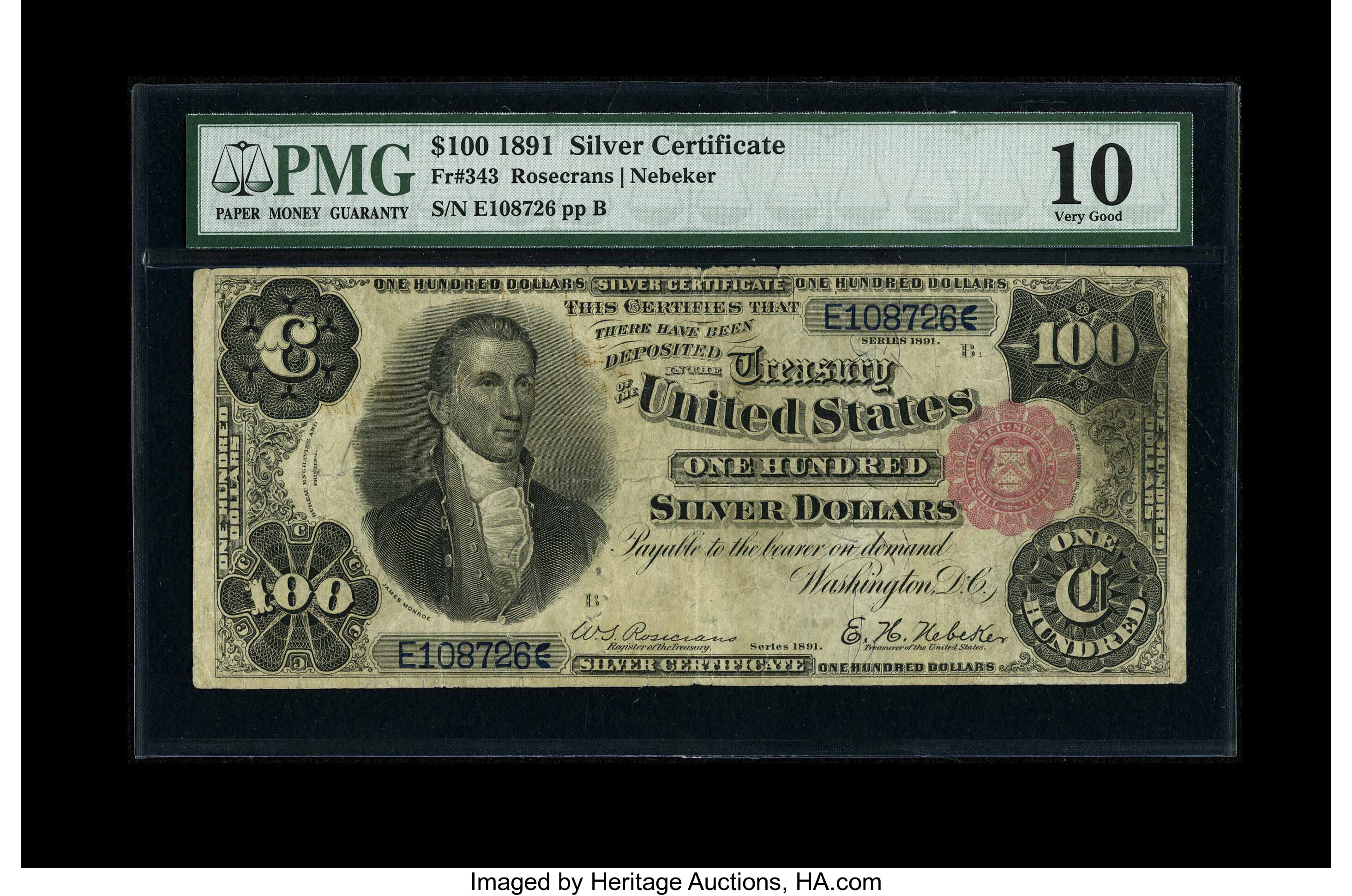 image for: Fr. 343 $100 1891 Silver Certificate PMG Very Good 10.