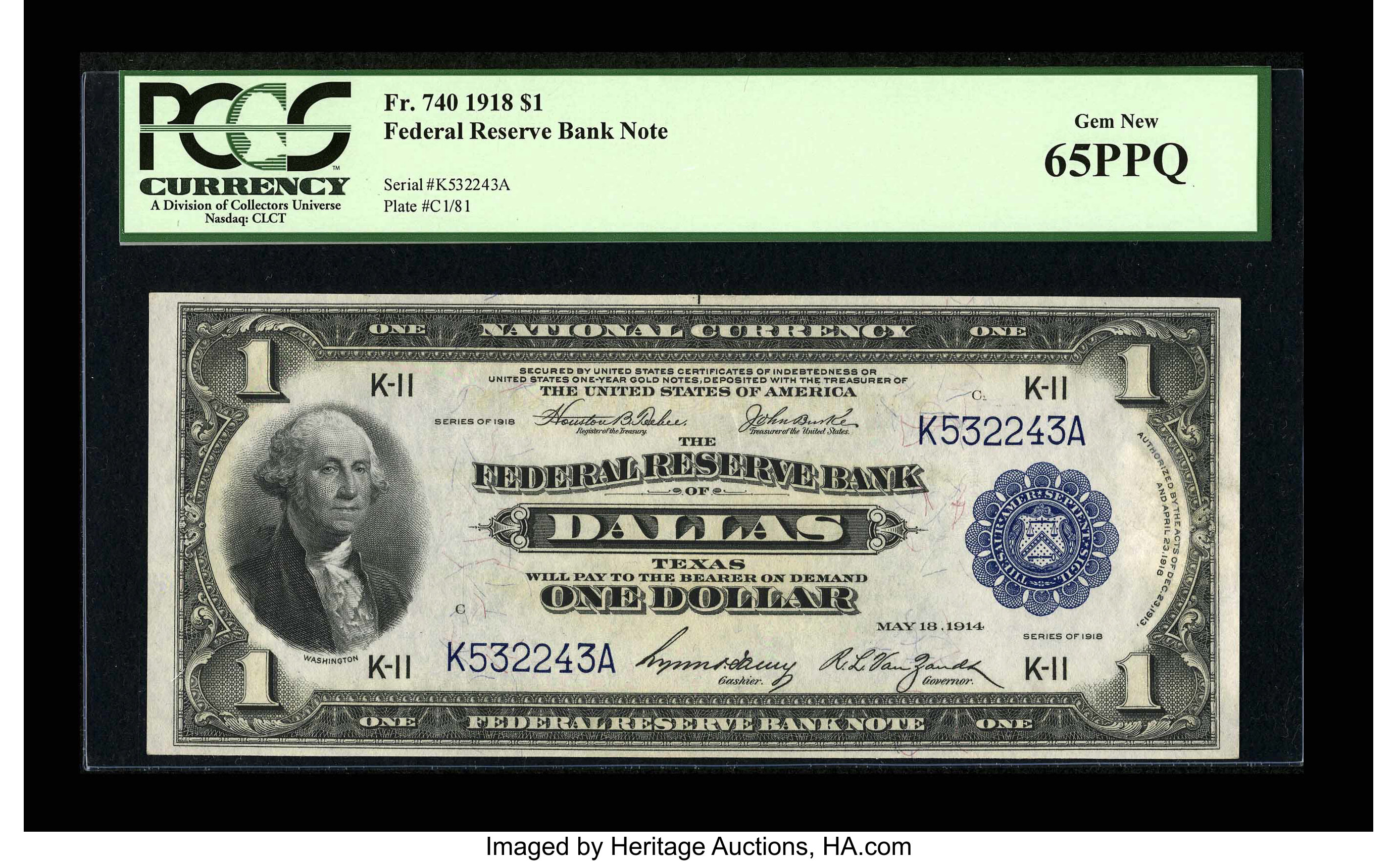 image for: Fr. 740 $1 1918 Federal Reserve Bank Note PCGS Gem New 65PPQ....