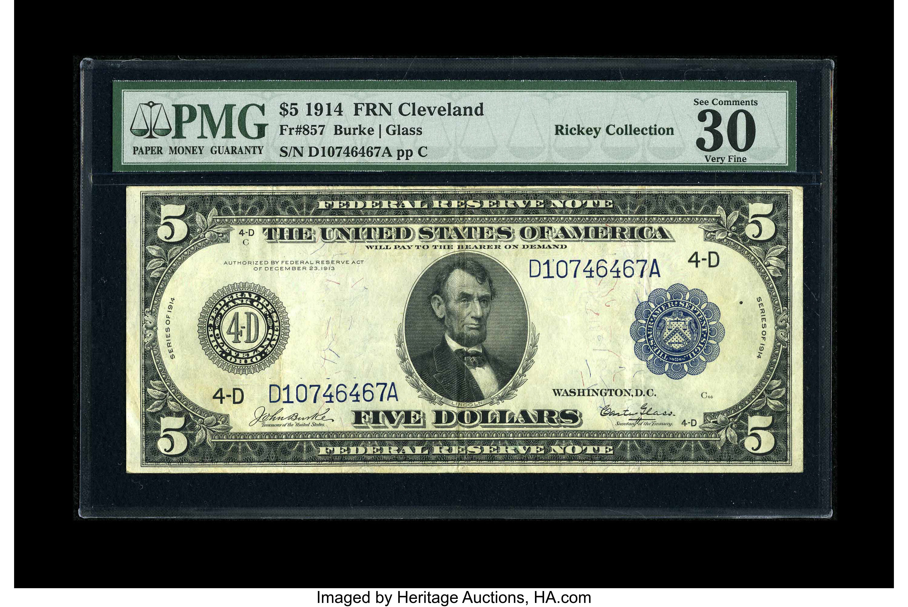 image for: Fr. 857 $5 1914 Federal Reserve Note PMG Very Fine 30 EPQ....