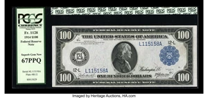 image for: Fr. 1128 $100 1914 Federal Reserve Note PCGS Superb Gem New 67PPQ....