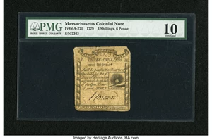 image for: Massachusetts 1779 3s/6d PMG Very Good 10.