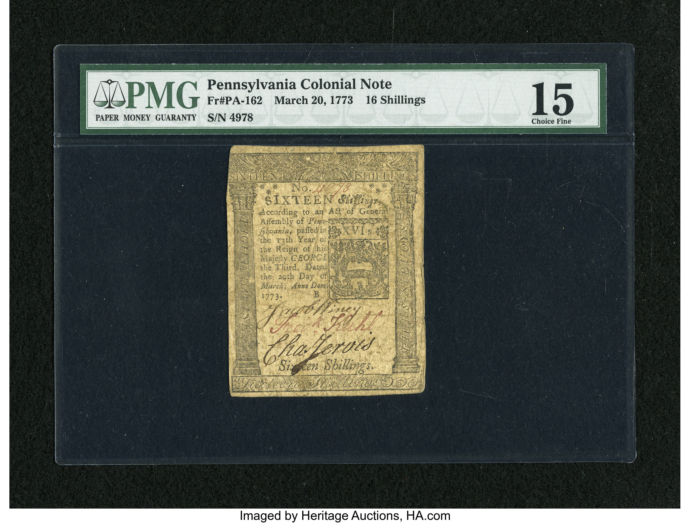 image for: Pennsylvania March 20, 1773 16s PMG Choice Fine 15....