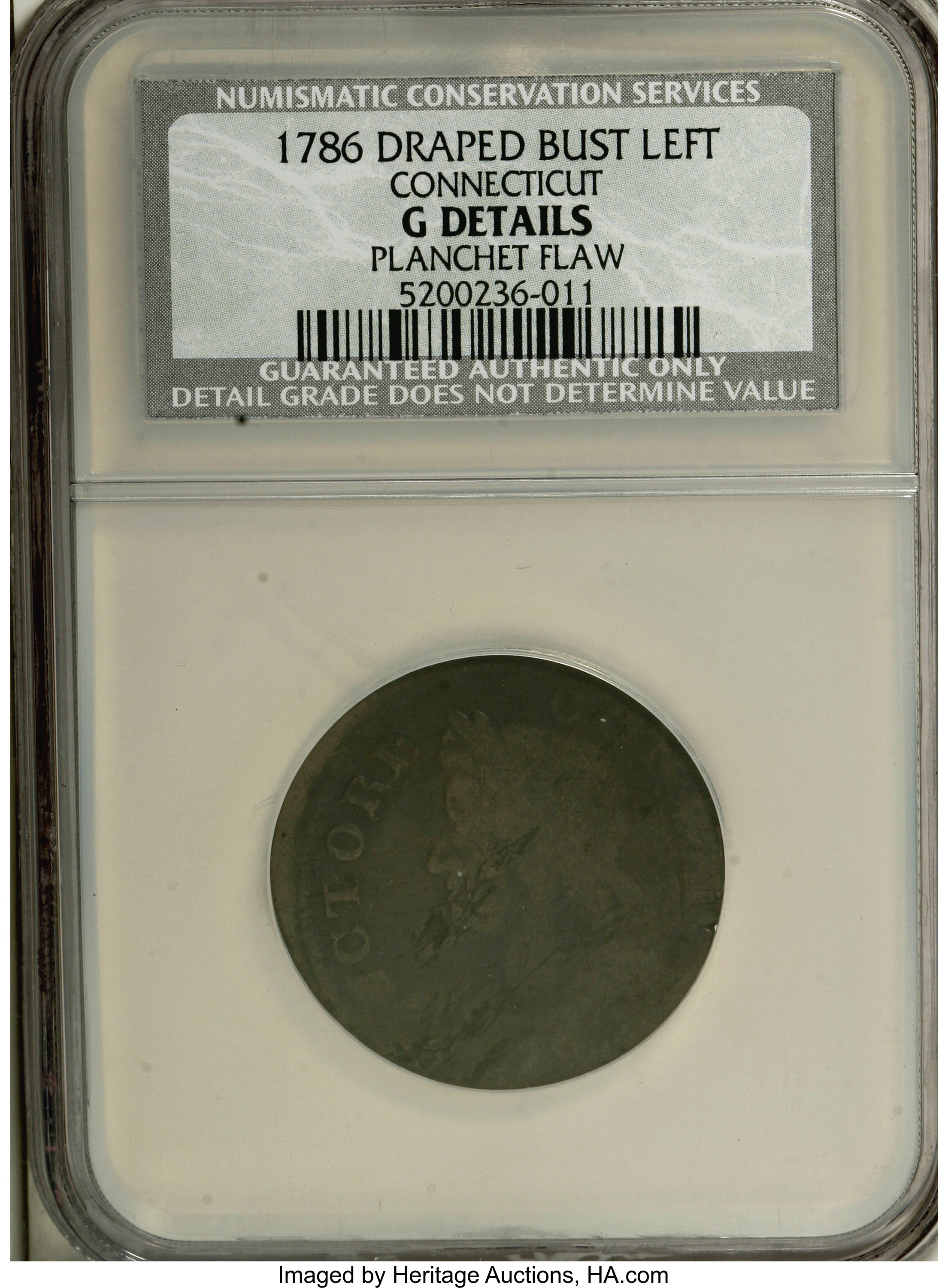 image for: 1786 COPPER Connecticut Copper, Draped Bust Left--Planchet Flaw--NCS. Good Details. . NGC Census: (0/0). PCGS Population (0...