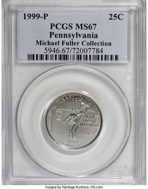 image for: 1999-P 25C Pennsylvania MS67 PCGS. Ex: Michael Fuller Collection. PCGS Population (423/14). NGC Census: (346/27). Numismed...