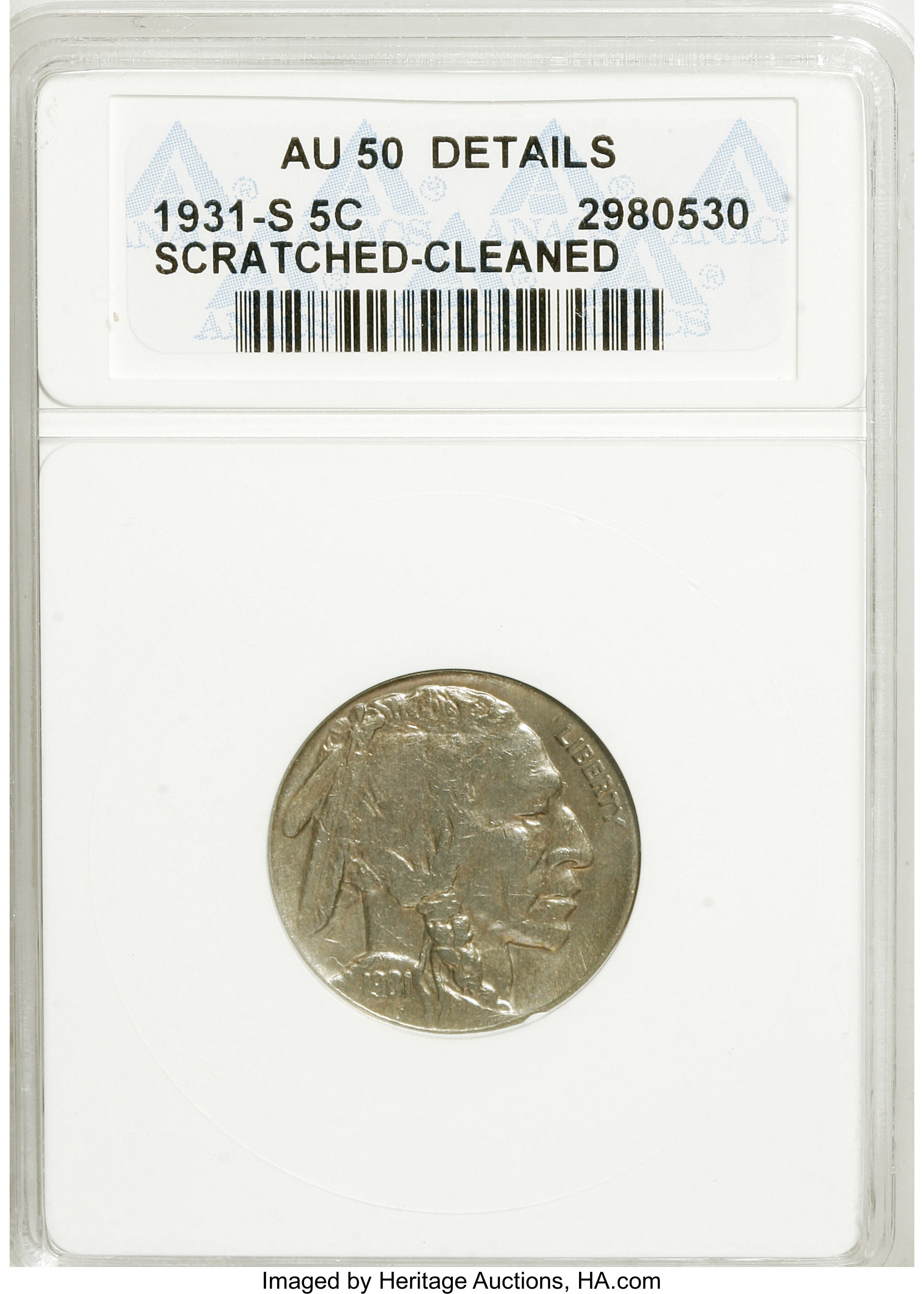 1931-S 5C --Cleaned, Scratched--ANACS. AU50 Details. NGC Census: (2/1414). PCGS Population (3/3029). Mintage: 1,200,000. Num...