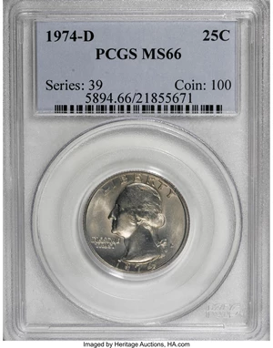 image for: 1974-D 25C MS66 PCGS. PCGS Population (161/35). NGC Census: (39/13). Mintage: 353,160,288. Numismedia Wsl. Price for NGC/PC...
