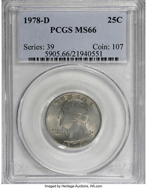 image for: 1978-D 25C MS66 PCGS. PCGS Population (83/27). NGC Census: (21/1). Mintage: 287,373,152. Numismedia Wsl. Price for NGC/PCGS...