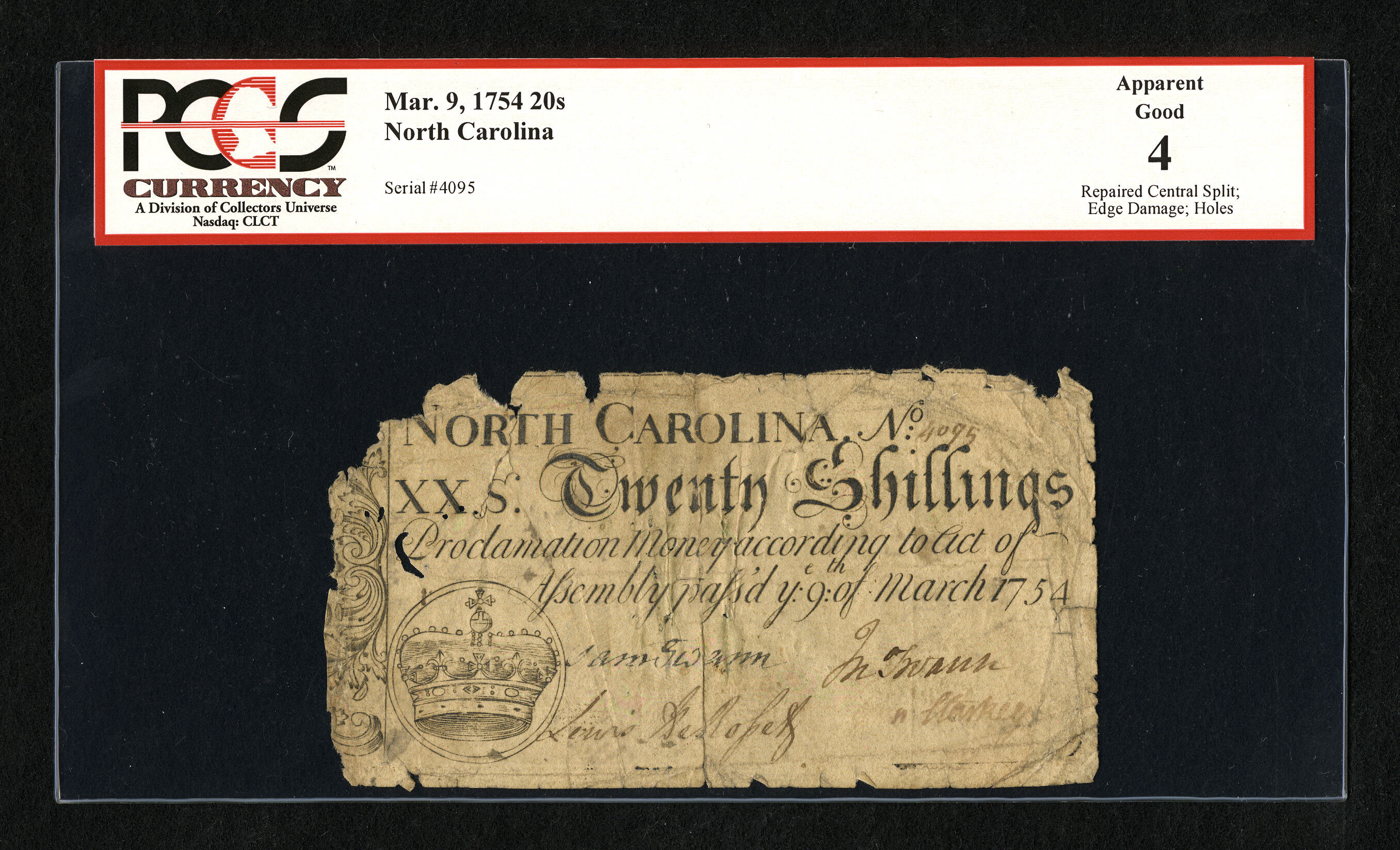 image for: North Carolina March 9, 1754 20s PCGS Apparent Good 4....
