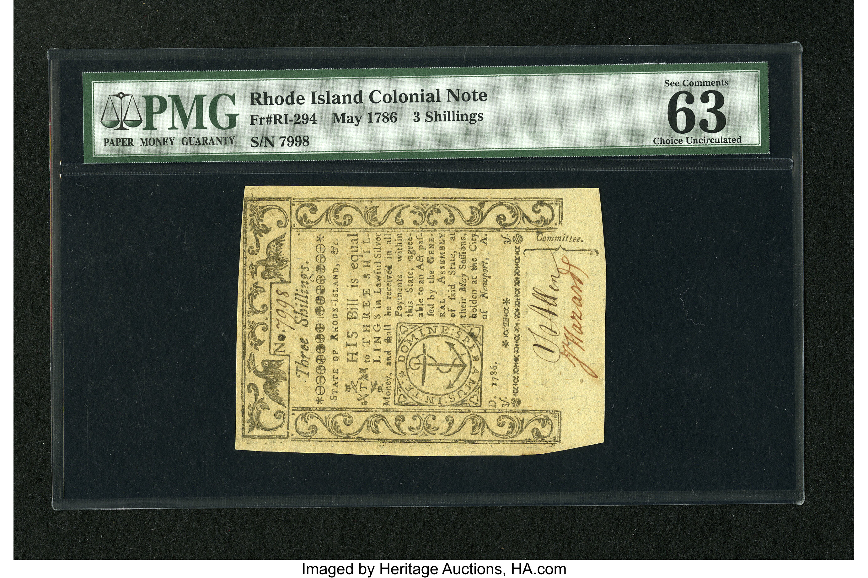 image for: Rhode Island May 1786 3s PMG Choice Uncirculated 63 EPQ....