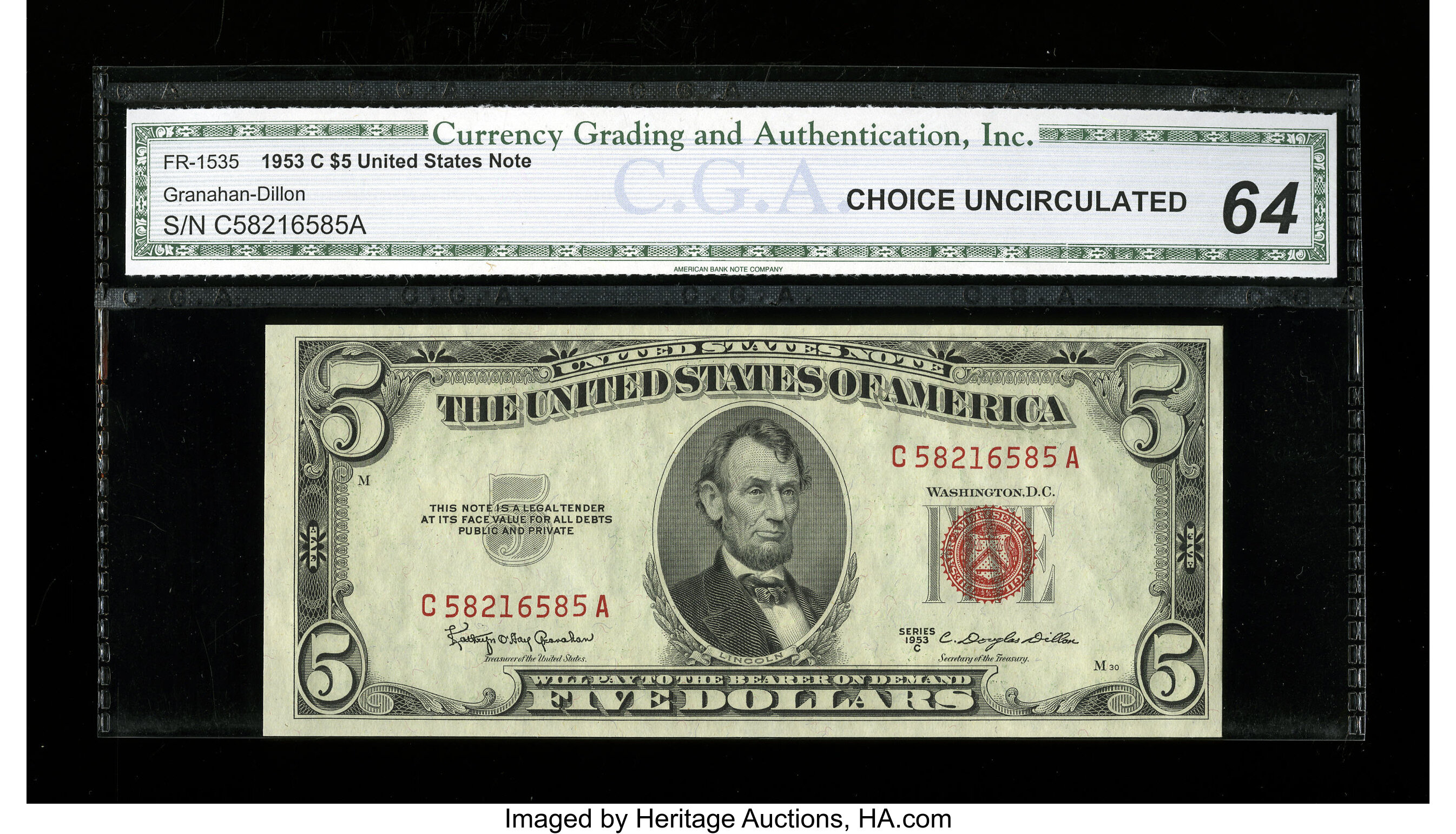 image for: Fr. 1535 $5 1953C Legal Tender Note. CGA Choice Uncirculated 64....