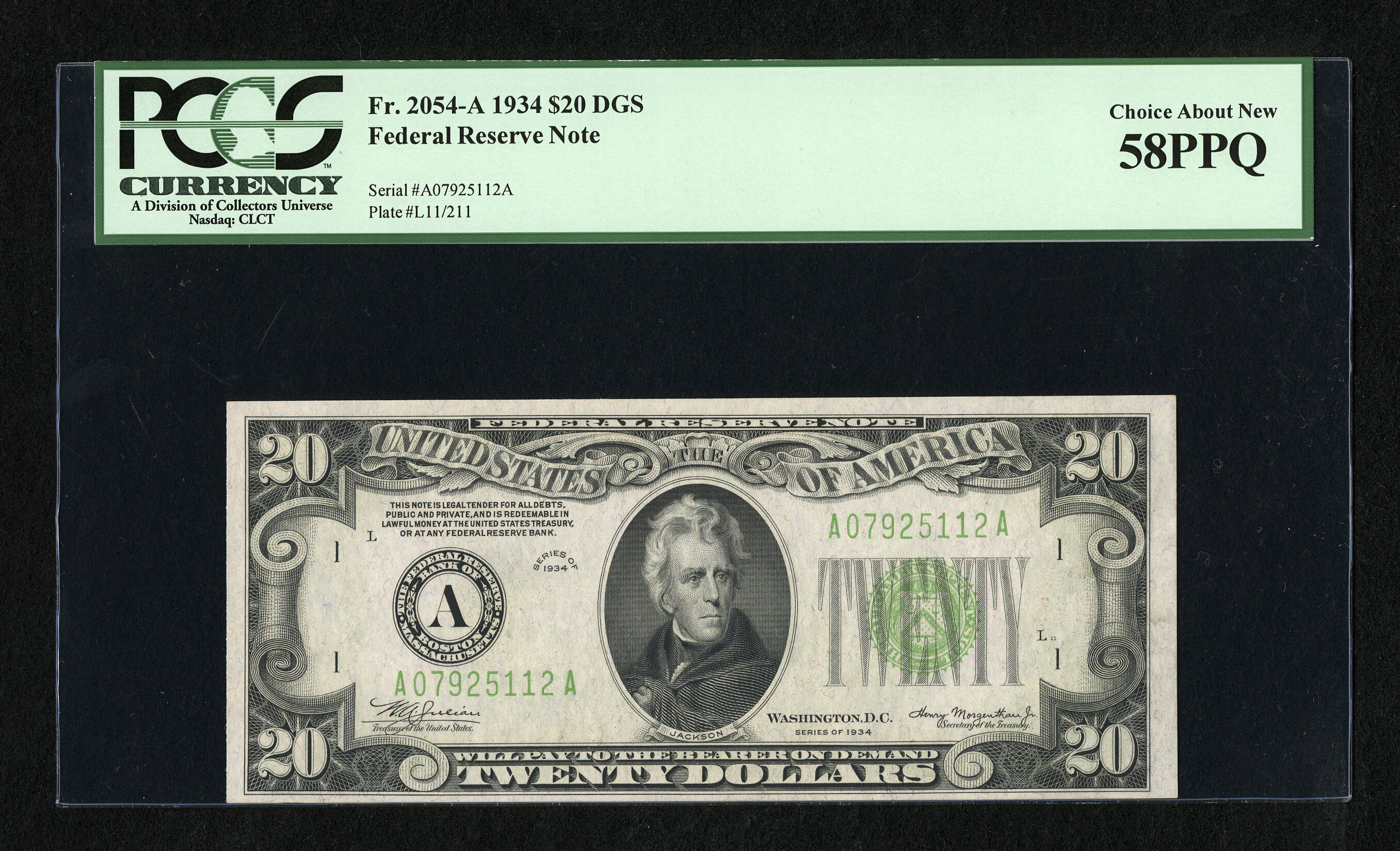 image for: Fr. 2054-A $20 1934 Federal Reserve Note. PCGS Choice About New 58PPQ....