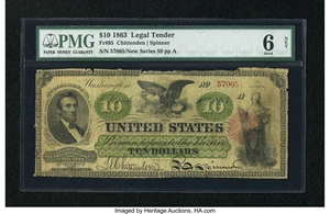 image for: Fr. 95 $10 1863 Legal Tender PMG Good 6 Net.