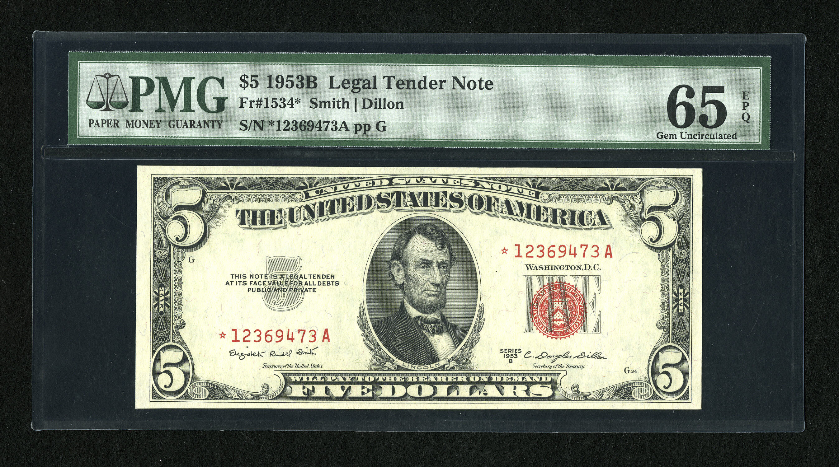 image for: Fr. 1534* $5 1953B Legal Tender Note. PMG Gem Uncirculated 65 EPQ....