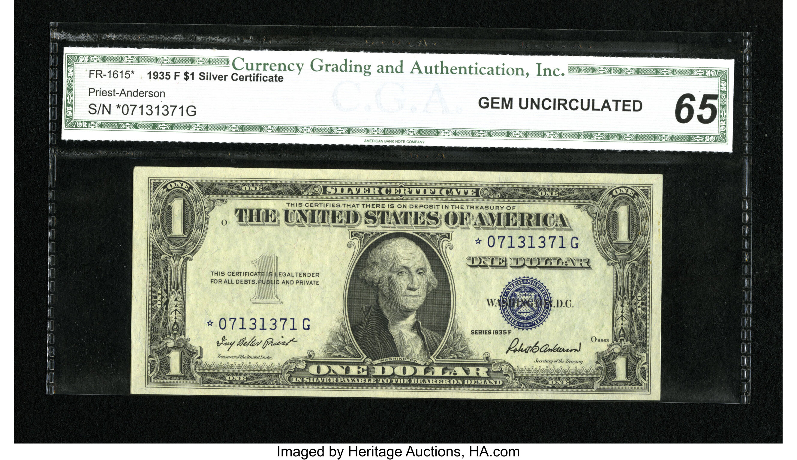 image for: Fr. 1615* $1 1935F Silver Certificate. CGA Gem Uncirculated 65....