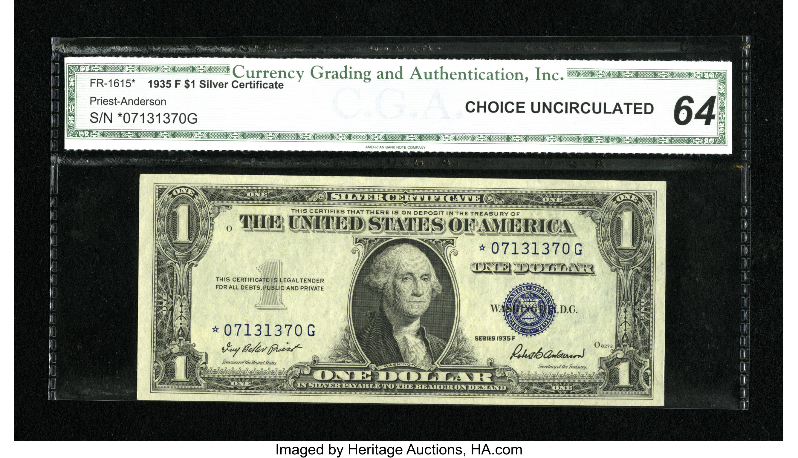 image for: Fr. 1615* $1 1935F Silver Certificate. CGA Choice Uncirculated 64....