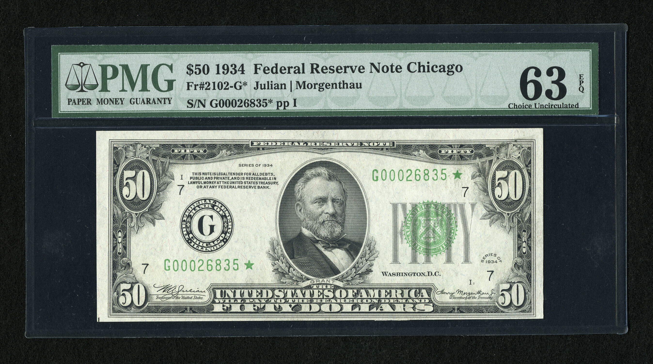image for: Fr. 2102-G* $50 1934 Federal Reserve Star Note. PMG Choice Uncirculated 63 EPQ....