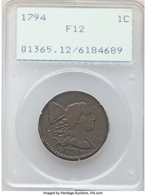 image for: 1794 1C Head of 1794, Shielded Hair, S-65, B-51, R.1, Fine 12 PCGS. A well-defined example for the grade, showing uniform c...