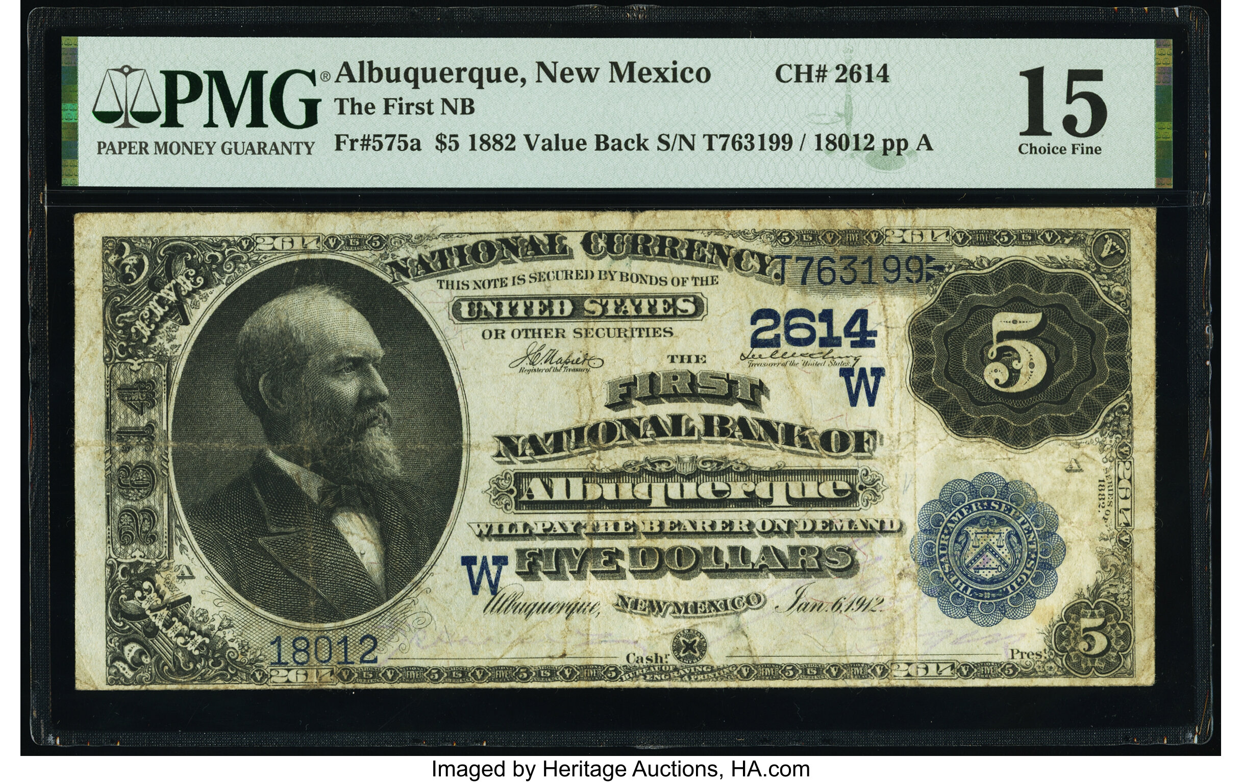 image for: Albuquerque, NM - $5 1882 Value Back Fr. 575a The First National Bank Ch. # (W)2614 PMG Choice Fine 15....