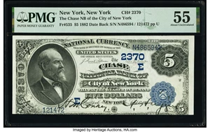image for: New York, NY - $5 1882 Date Back Fr. 535 The Chase National Bank Ch. # (E)2370 PMG About Uncirculated 55....