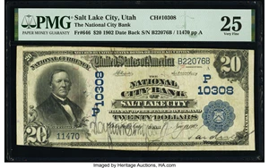 image for: Salt Lake City, UT - $20 1902 Date Back Fr. 646 The National City Bank Ch. # (P)10308 PMG Very Fine 25....