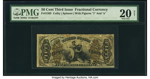 image for: Inverted Back Partial Plate Number 32 Fr. 1363 50¢ Third Issue Justice PMG Very Fine 20 Net....