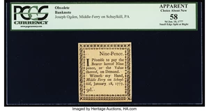 image for: Pennsylvania (Joseph Ogden) Middle-Ferry on Schuylkill January 18, 1777 9d Remainder PCGS Apparent Choice About New 58....