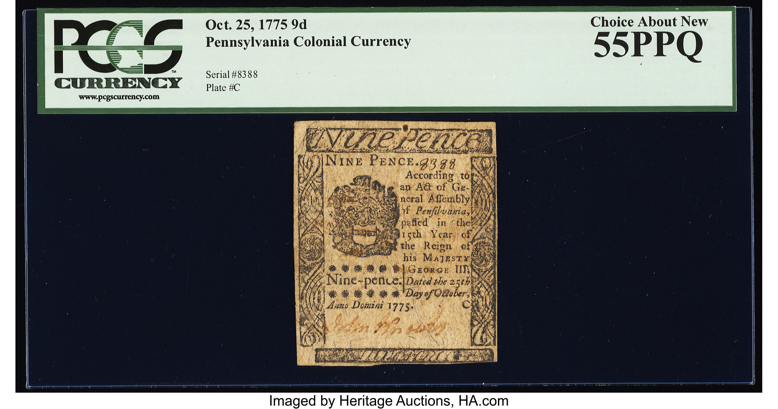 image for: Pennsylvania October 25, 1775 9d PCGS Choice About New 55PPQ....