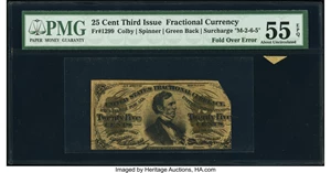 image for: Printed Fold Error Fr. 1299 25¢ Third Issue PMG About Uncirculated 55 EPQ....