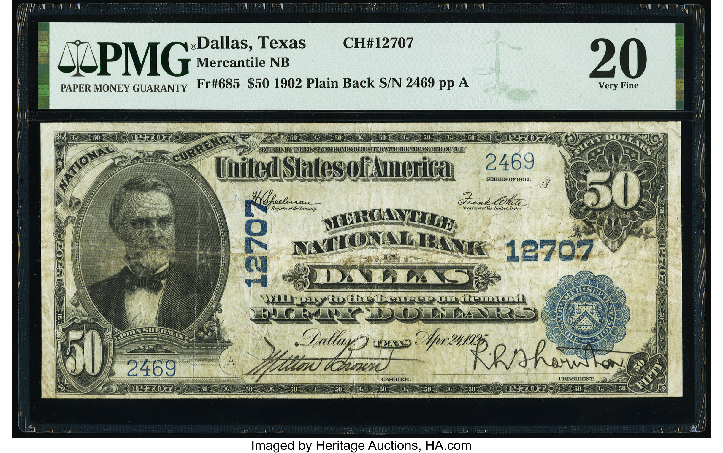 image for: Dallas, TX - $50 1902 Plain Back Fr. 685 The Mercantile National Bank Ch. # 12707 PMG Very Fine 20....