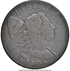 image for: 1794 1C Head of 1794, S-25, B-15, R.3, VG10 NGC. NGC Census: (1/7). PCGS Population: (0/8). CDN: $750 Whsle. Bid for NGC/PC...