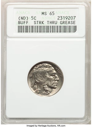image for: No Date 5C Buffalo Nickel -- Struck Thru Grease -- MS65 ANACS....